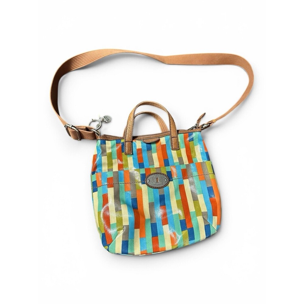 Fossil Crossbody Bag Calypso Key-Per Purse Multi Color Block Coated Canvas Brown